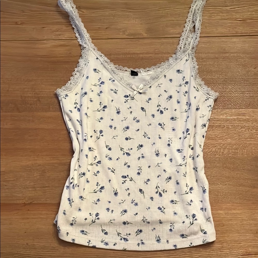 H&M White and Blue Floral Camisole with Lace Trim